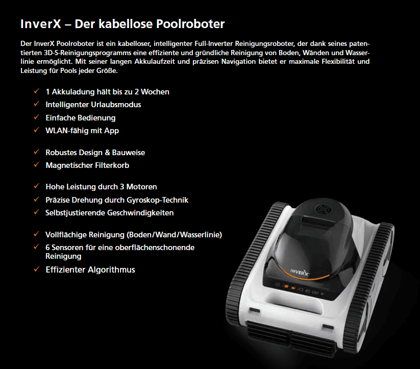 Inver 6h Poolroboter für effiziente, kabellose Poolreinigung, mit WLAN, Magnetfilterkorb und 3 Motor.