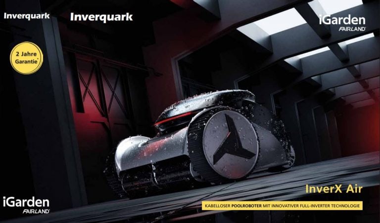 Moderner Poolroboter Inver x Air mit Voll-Inverter-Technologie für effiziente Poolreinigung.