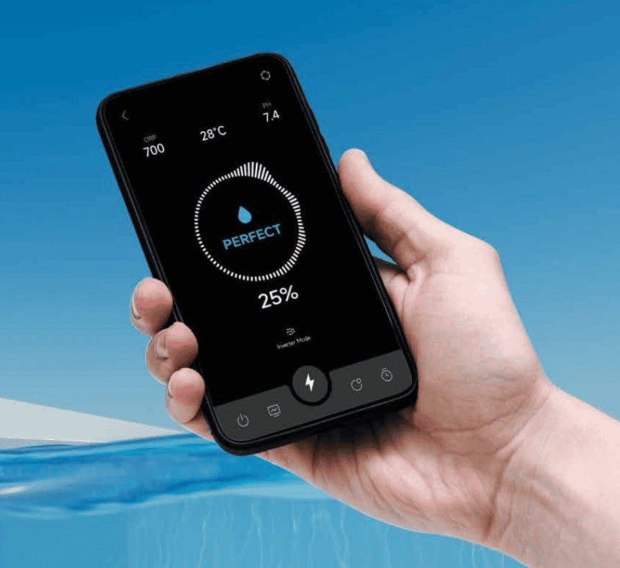 Digitale Steuerung für Salzanlage im Pool, einfache Bedienung und Überwachung.